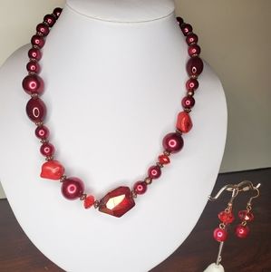 Red Beaded Necklace and Earrings Set